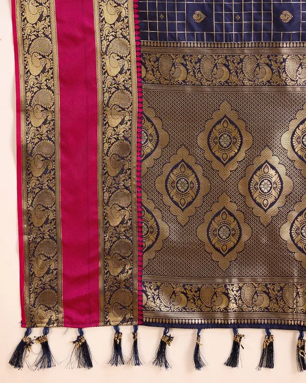 Dark_Blue_Cotton_Silk_Woven_Kanjivaram_Saree_With_Unstitched_Blouse_For_Women