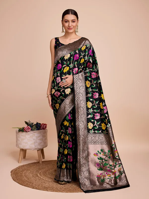 Black_Cotton_Silk_Woven_Kota_Doria_Saree_With_Unstitched_Blouse_For_Women
