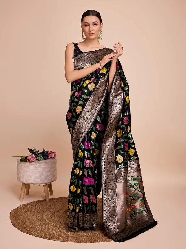 Black_Cotton_Silk_Woven_Kota_Doria_Saree_With_Unstitched_Blouse_For_Women