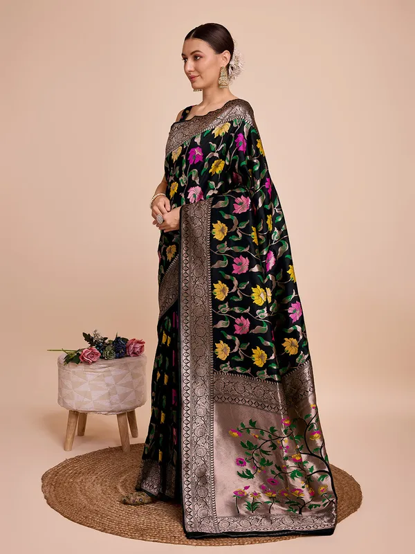 Black_Cotton_Silk_Woven_Kota_Doria_Saree_With_Unstitched_Blouse_For_Women