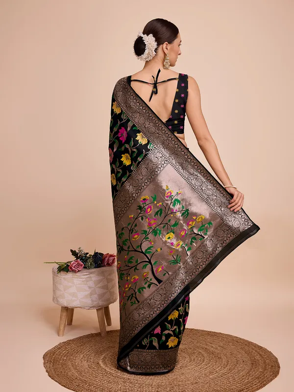 Black_Cotton_Silk_Woven_Kota_Doria_Saree_With_Unstitched_Blouse_For_Women