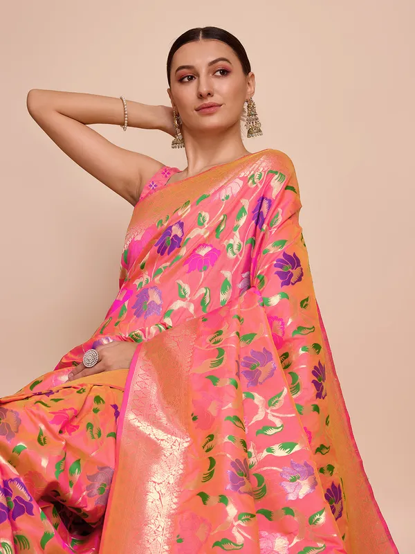 Orange_Cotton_Silk_Woven_Kota_Doria_Saree_With_Unstitched_Blouse_For_Women