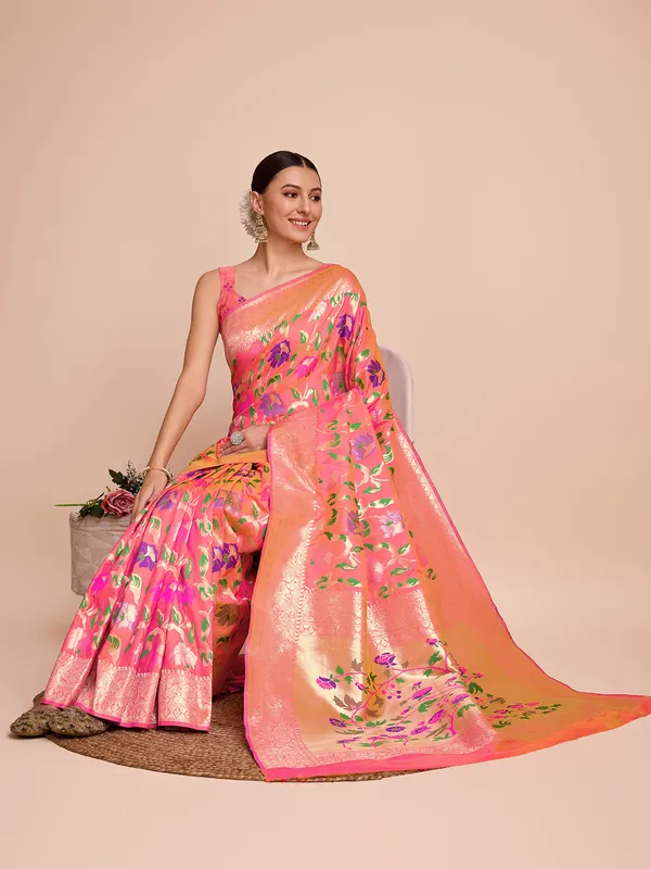 Orange_Cotton_Silk_Woven_Kota_Doria_Saree_With_Unstitched_Blouse_For_Women