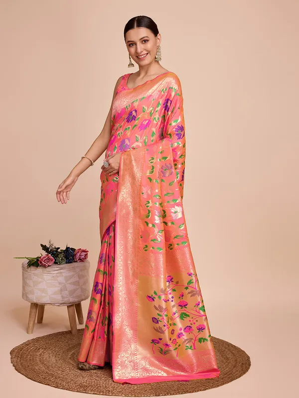 Orange_Cotton_Silk_Woven_Kota_Doria_Saree_With_Unstitched_Blouse_For_Women