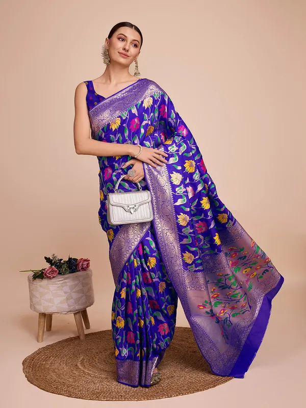Blue_Cotton_Silk_Woven_Kota_Doria_Saree_With_Unstitched_Blouse_For_Women