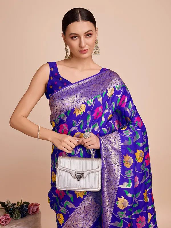 Blue_Cotton_Silk_Woven_Kota_Doria_Saree_With_Unstitched_Blouse_For_Women