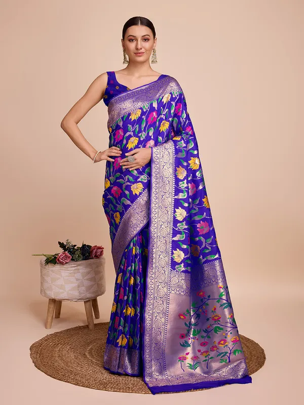 Blue_Cotton_Silk_Woven_Kota_Doria_Saree_With_Unstitched_Blouse_For_Women
