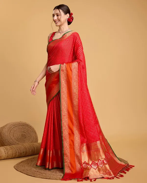 Red_Cotton_Silk_Woven_Kanjivaram_Saree_With_Unstitched_Blouse_For_Women