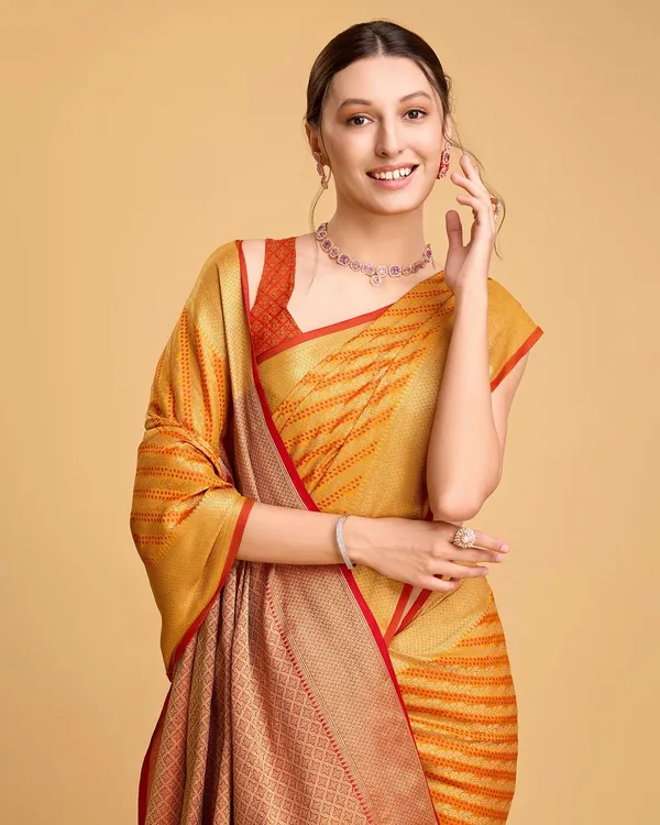 Mustard_Cotton_Silk_Woven_Banarasi_Saree_With_Unstitched_Blouse_For_Women