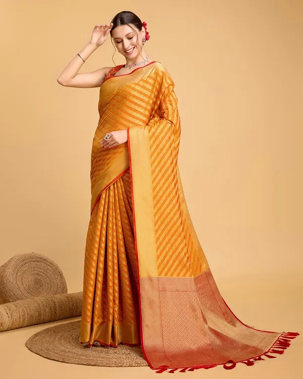 Mustard_Cotton_Silk_Woven_Banarasi_Saree_With_Unstitched_Blouse_For_Women