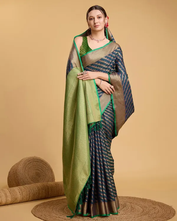Dark_Blue_Cotton_Silk_Woven_Banarasi_Saree_With_Unstitched_Blouse_For_Women