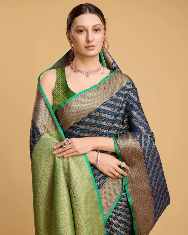 Dark_Blue_Cotton_Silk_Woven_Banarasi_Saree_With_Unstitched_Blouse_For_Women