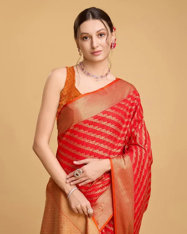 Red_Cotton_Silk_Woven_Banarasi_Saree_With_Unstitched_Blouse_For_Women