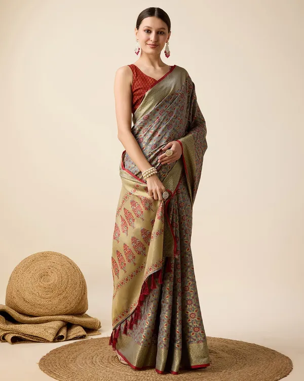 Grey_Cotton_Silk_Woven_Patola_Saree_With_Unstitched_Blouse_For_Women