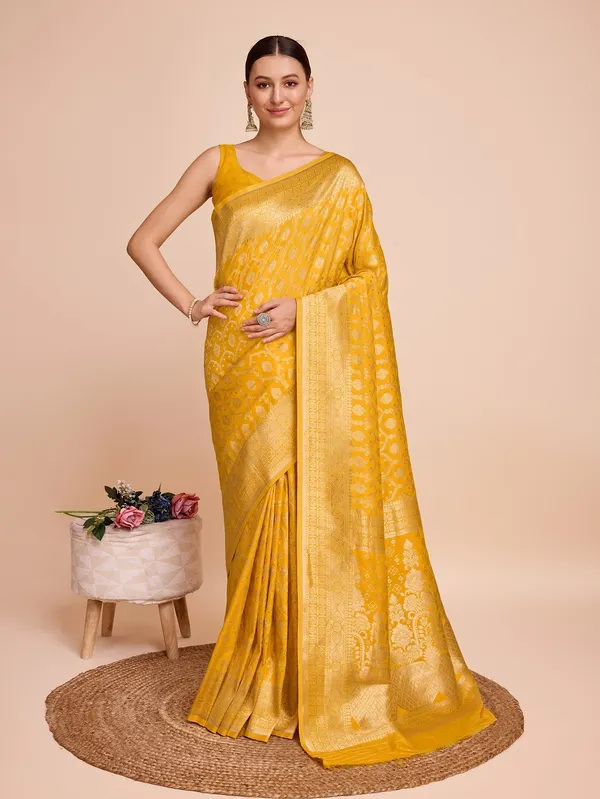 Yellow_Cotton_Silk_Woven_Kanjivaram_Saree_With_Unstitched_Blouse_For_Women