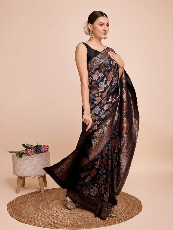 Black_Cotton_Silk_Woven_Kanjivaram_Saree_With_Unstitched_Blouse_For_Women
