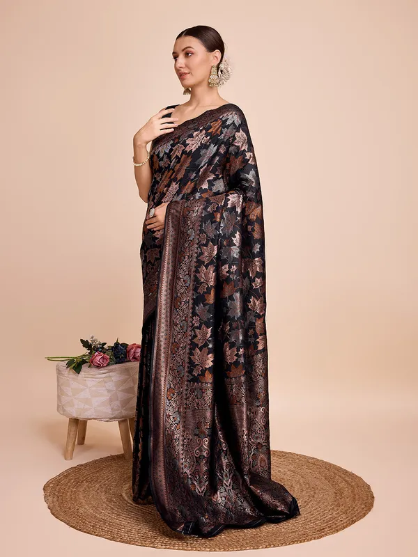 Black_Cotton_Silk_Woven_Kanjivaram_Saree_With_Unstitched_Blouse_For_Women