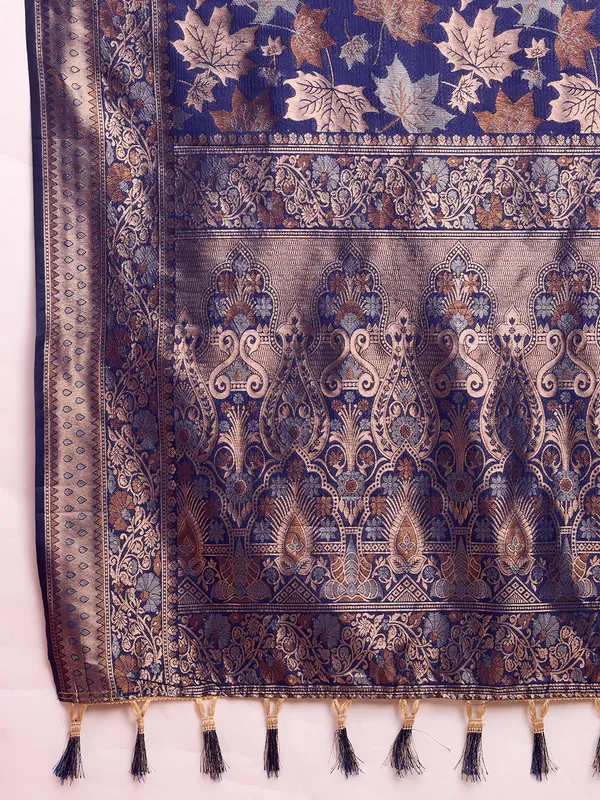 Dark_Blue_Cotton_Silk_Woven_Kanjivaram_Saree_With_Unstitched_Blouse_For_Women