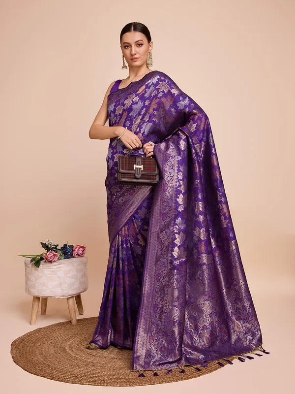 Purple_Cotton_Silk_Woven_Kanjivaram_Saree_With_Unstitched_Blouse_For_Women
