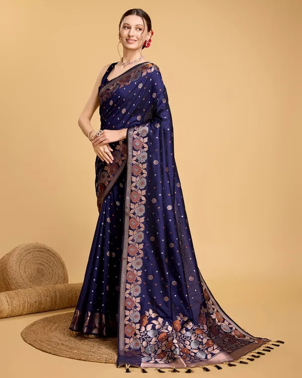 Dark_Blue_Cotton_Silk_Woven_Kanjivaram_Saree_With_Unstitched_Blouse_For_Women