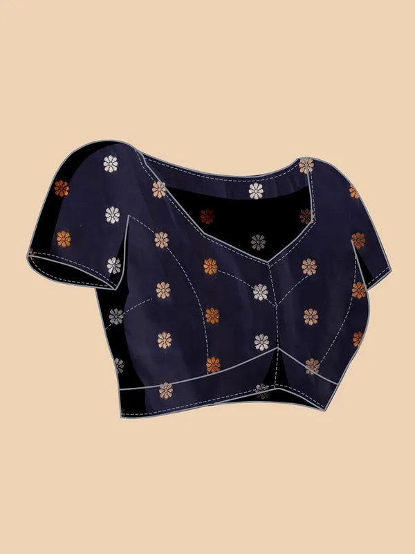 Dark_Blue_Cotton_Silk_Woven_Kanjivaram_Saree_With_Unstitched_Blouse_For_Women