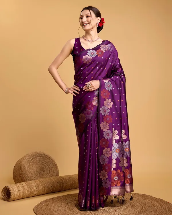 Purple_Cotton_Silk_Woven_Kanjivaram_Saree_With_Unstitched_Blouse_For_Women