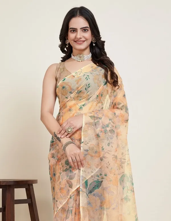 Beige_Cotton_Silk_Printed_Banarasi_Saree_With_Unstitched_Blouse_For_Women