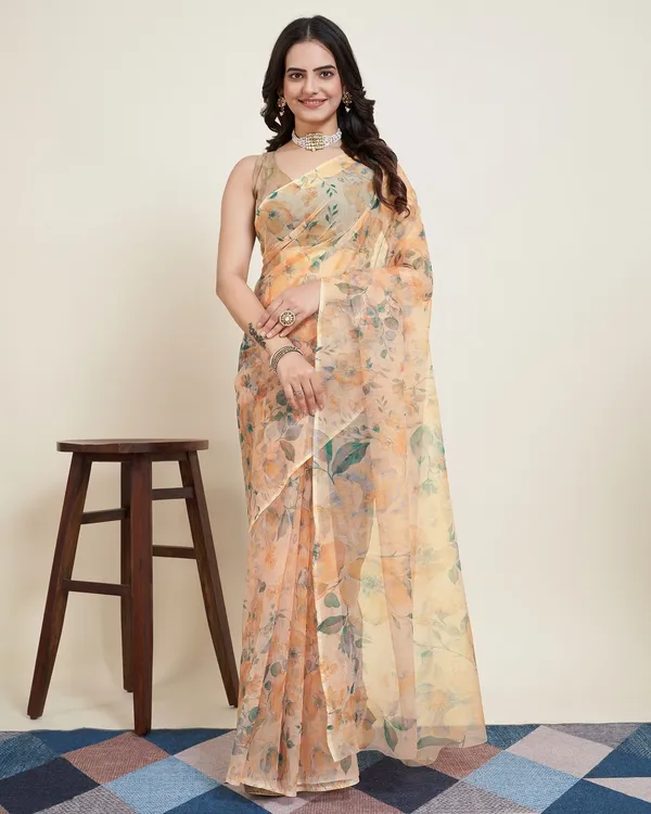Beige_Cotton_Silk_Printed_Banarasi_Saree_With_Unstitched_Blouse_For_Women