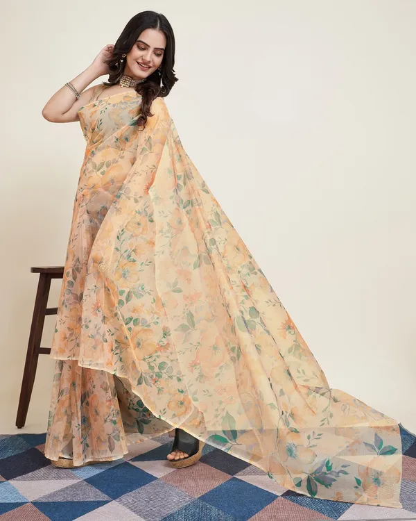 Beige_Cotton_Silk_Printed_Banarasi_Saree_With_Unstitched_Blouse_For_Women