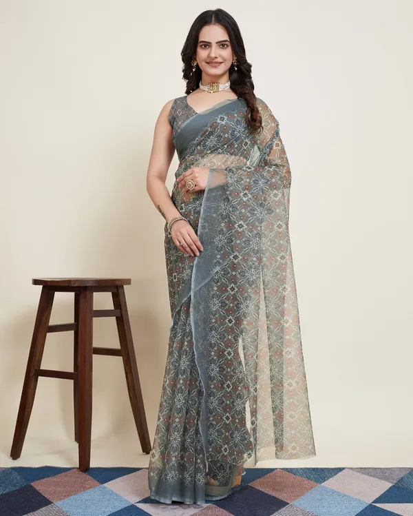 Grey_Cotton_Silk_Printed_Banarasi_Saree_With_Unstitched_Blouse_For_Women
