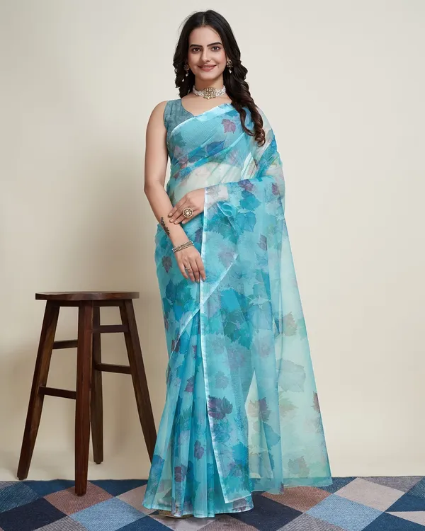 Blue_Cotton_Silk_Printed_Paithani_Saree_With_Unstitched_Blouse_For_Women