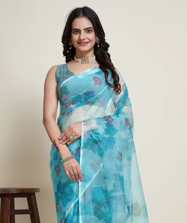 Blue_Cotton_Silk_Printed_Paithani_Saree_With_Unstitched_Blouse_For_Women