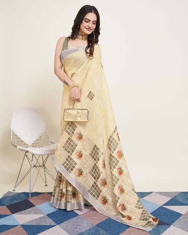 Beige_Cotton_Silk_Printed_Paithani_Saree_With_Unstitched_Blouse_For_Women