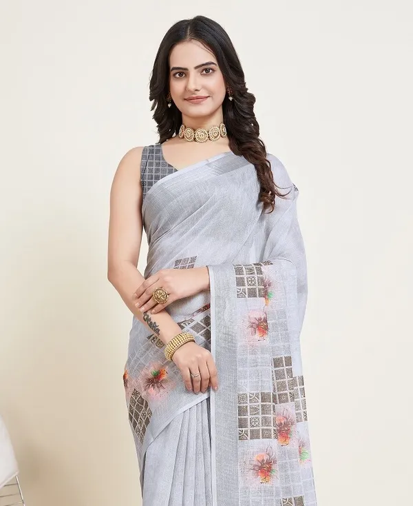 Grey_Cotton_Silk_Printed_Paithani_Saree_With_Unstitched_Blouse_For_Women