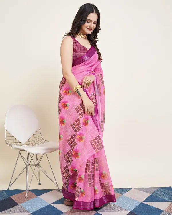 Pink_Cotton_Silk_Printed_Paithani_Saree_With_Unstitched_Blouse_For_Women