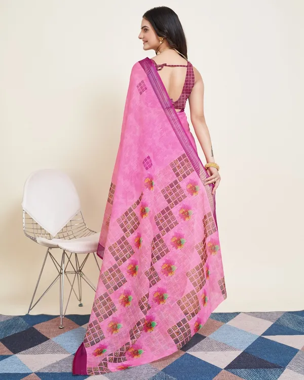 Pink_Cotton_Silk_Printed_Paithani_Saree_With_Unstitched_Blouse_For_Women