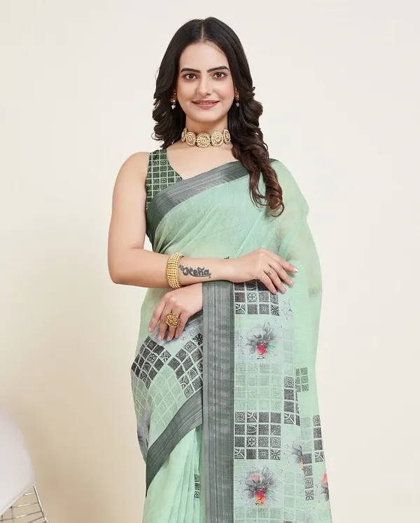 Green_Cotton_Silk_Printed_Paithani_Saree_With_Unstitched_Blouse_For_Women