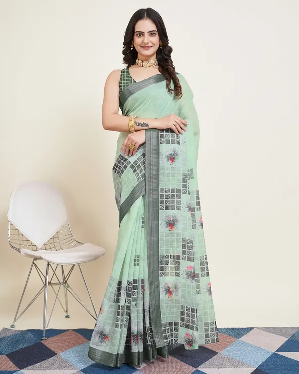 Green_Cotton_Silk_Printed_Paithani_Saree_With_Unstitched_Blouse_For_Women