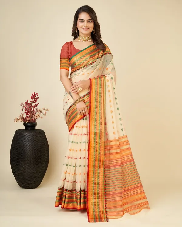 Beige_Cotton_Silk_Woven_Banarasi_Saree_With_Unstitched_Blouse_For_Women