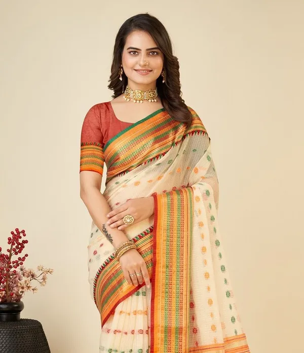 Beige_Cotton_Silk_Woven_Banarasi_Saree_With_Unstitched_Blouse_For_Women