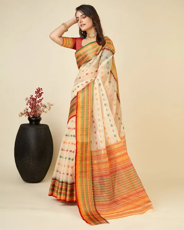 Beige_Cotton_Silk_Woven_Banarasi_Saree_With_Unstitched_Blouse_For_Women