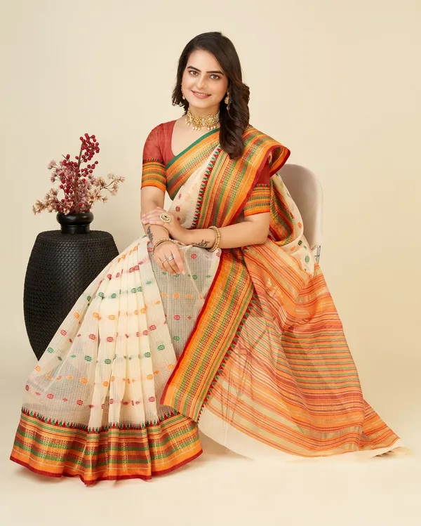 Beige_Cotton_Silk_Woven_Banarasi_Saree_With_Unstitched_Blouse_For_Women