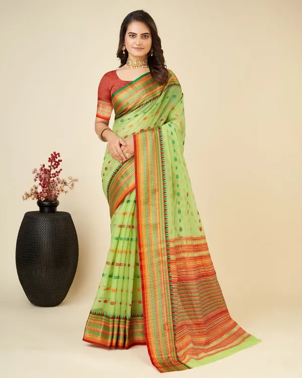 Green_Cotton_Silk_Woven_Banarasi_Saree_With_Unstitched_Blouse_For_Women