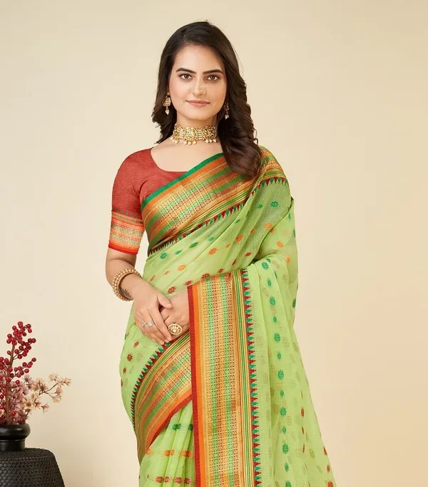 Green_Cotton_Silk_Woven_Banarasi_Saree_With_Unstitched_Blouse_For_Women