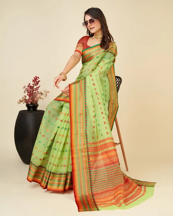 Green_Cotton_Silk_Woven_Banarasi_Saree_With_Unstitched_Blouse_For_Women