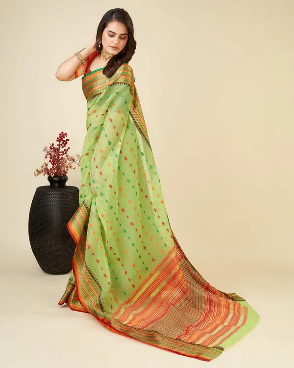 Green_Cotton_Silk_Woven_Banarasi_Saree_With_Unstitched_Blouse_For_Women