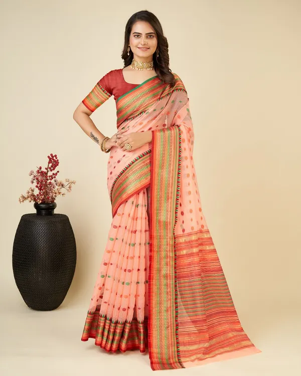Orange_Cotton_Silk_Woven_Banarasi_Saree_With_Unstitched_Blouse_For_Women