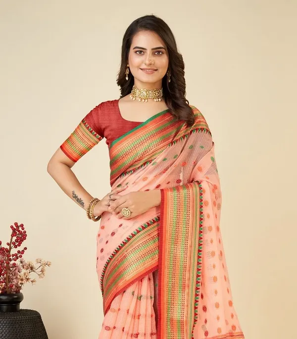 Orange_Cotton_Silk_Woven_Banarasi_Saree_With_Unstitched_Blouse_For_Women