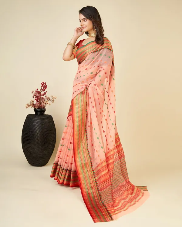 Orange_Cotton_Silk_Woven_Banarasi_Saree_With_Unstitched_Blouse_For_Women