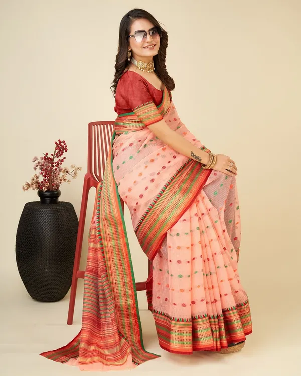 Orange_Cotton_Silk_Woven_Banarasi_Saree_With_Unstitched_Blouse_For_Women